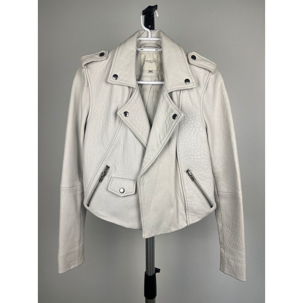 Selected Femme Grey Textured Leather Biker Moto Jacket Silver Hardware EU34/XS/2